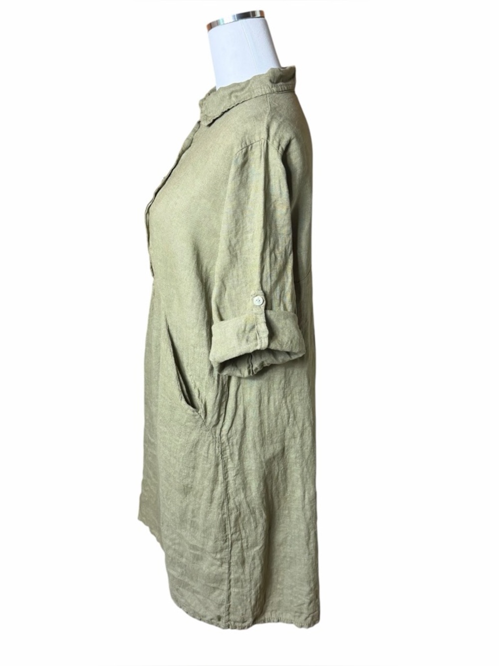 Elena Baldi Linen Dress Tunic Olive Green Roll Tab Sleeve Size Large - Picture 5 of 11
